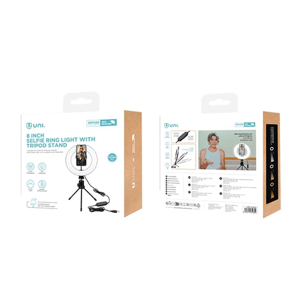 Smartphone/ Handy Stativ mit 8-Zoll-Ringlicht verstellbar- USB - Schwarz | Unico