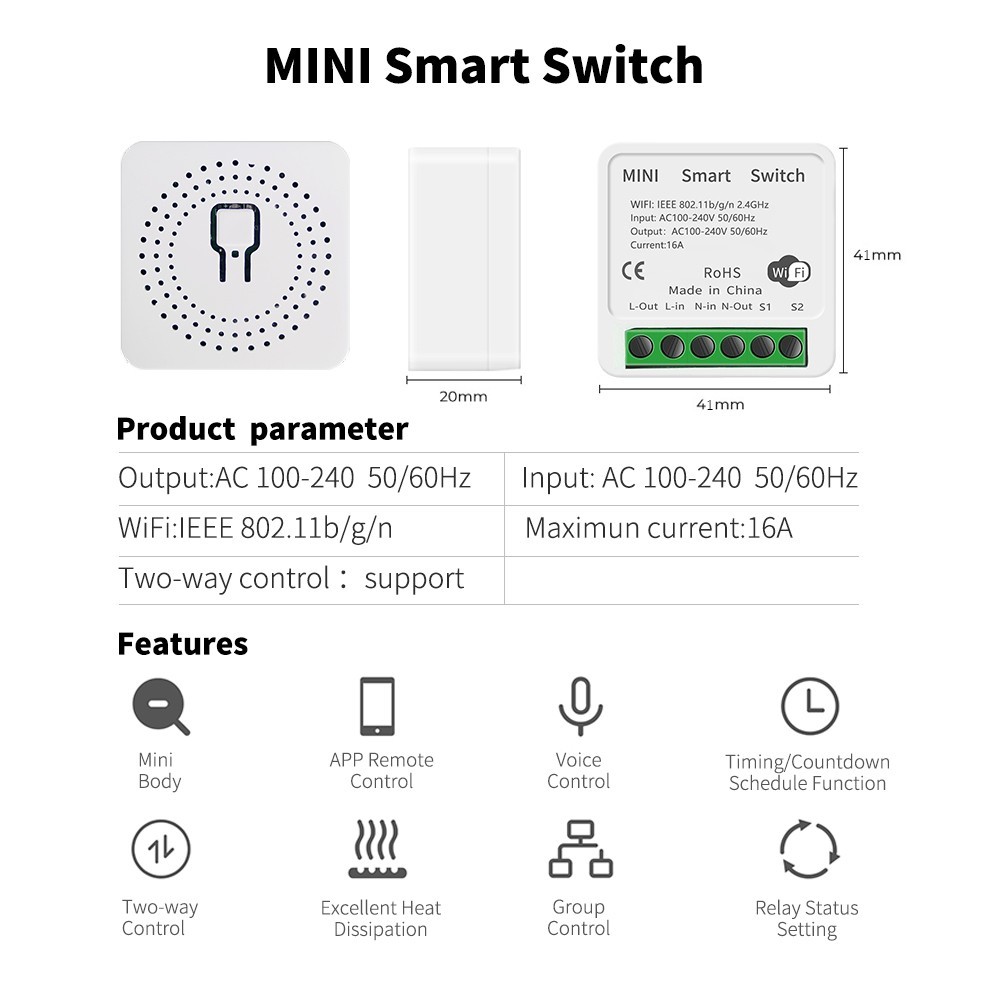 Smart Switch WIFI 16A Modul 2-weg Steuerung Mini Schalter Breaker | Google Alexa