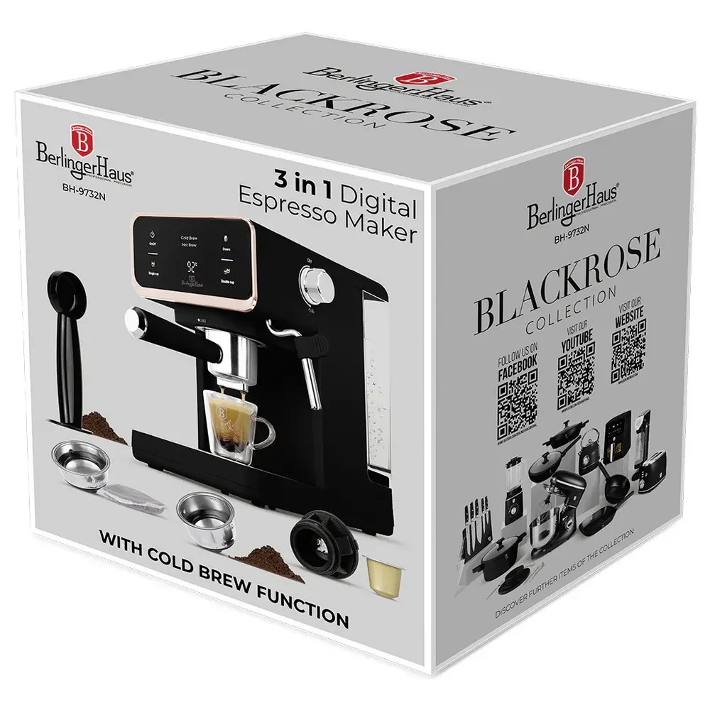 BerlingerHaus Espressomaschine Schwarz BH-9732 Pad kompatibel, Display - Kaffe
